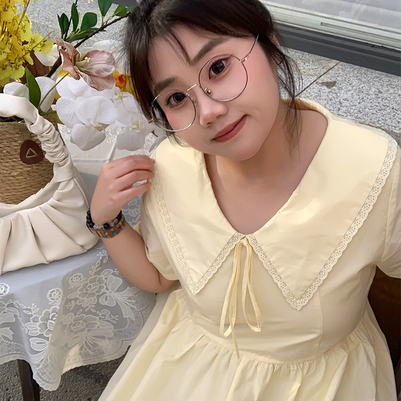 YUZI/鱼子2025短袖套头翻领显瘦娃娃领连衣裙日系夏季大码拼接