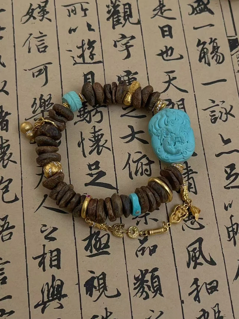 【灵兮珠宝】18K厚金镶嵌原矿绿松石精工大黑天手串