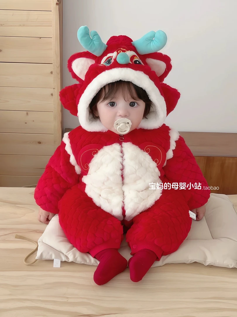 新款宝宝加棉加厚连体衣冬季红色立体爬服男女宝周岁满月新年哈衣