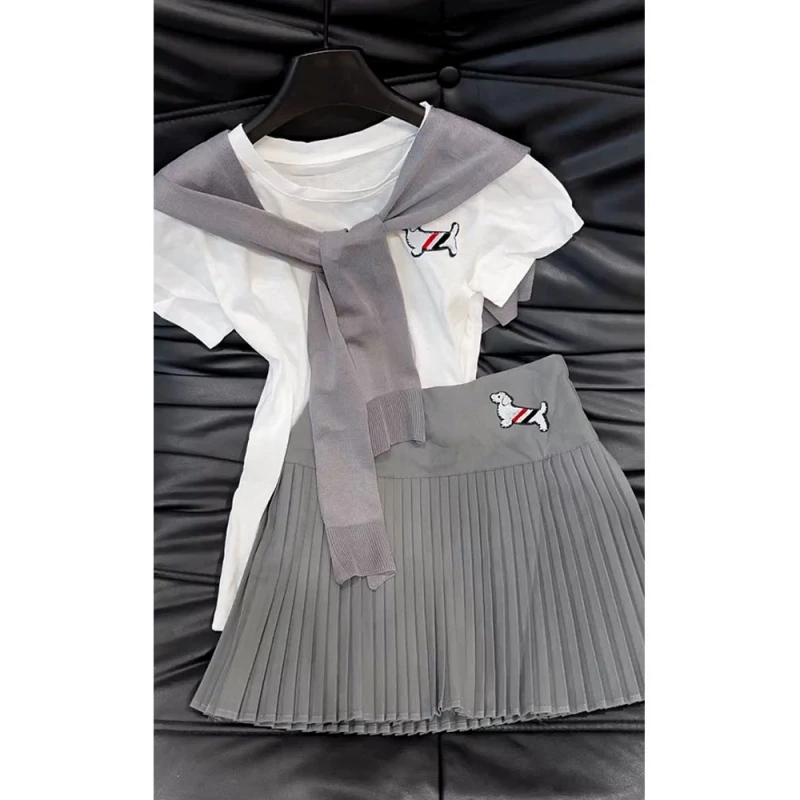 韩系夏日穿搭一整套盐系轻熟白色短袖t恤百褶半身裙两件套装女装