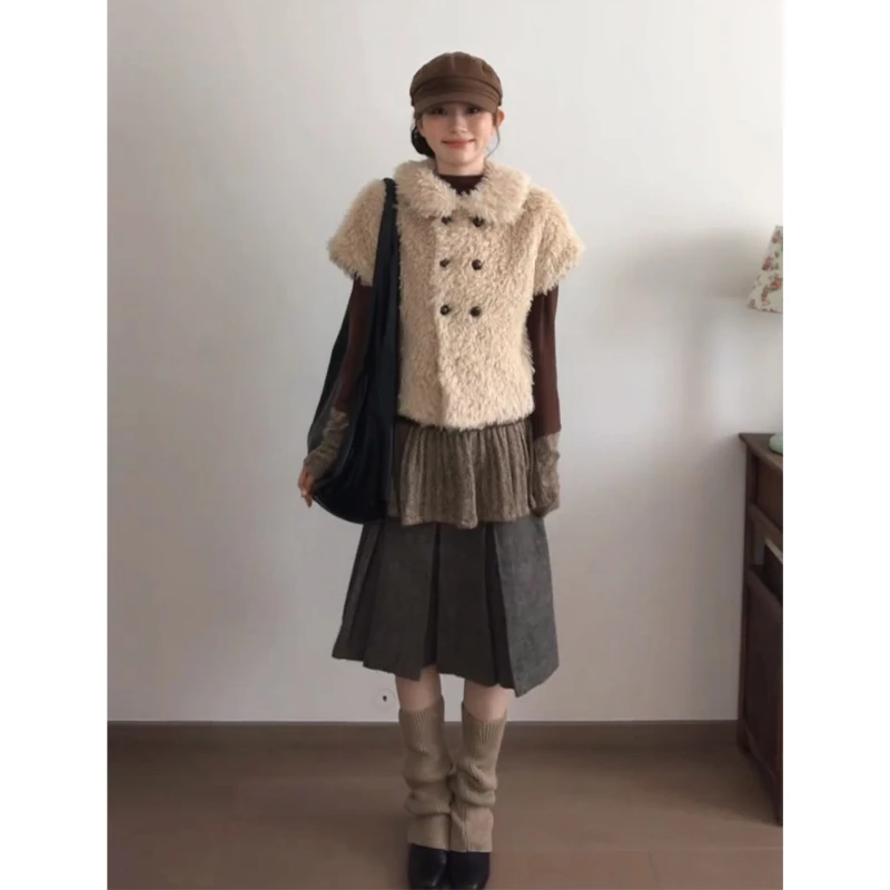 2025秋季新款韩系穿搭宽松翻领外套长袖拼接打底衫高腰A字半身裙