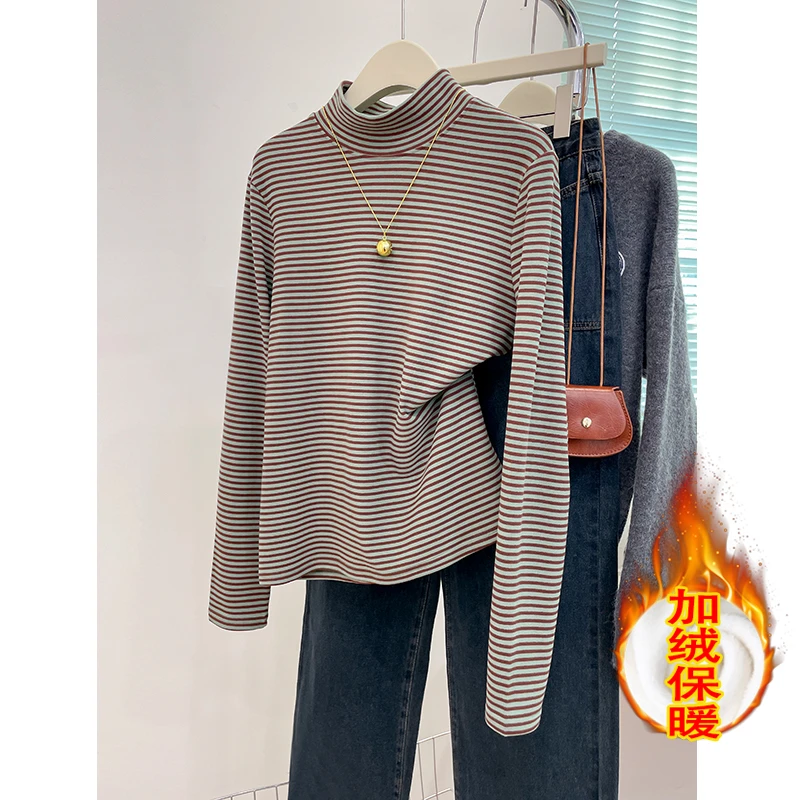 高级感气质半高领条纹高领长袖T恤冬季双面绒长袖T恤保暖上衣女