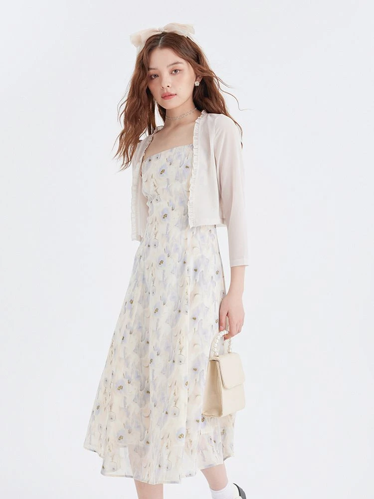 开衫吊带裙两件套夏季女法式简约碎花连衣裙温柔长裙时尚百搭套装