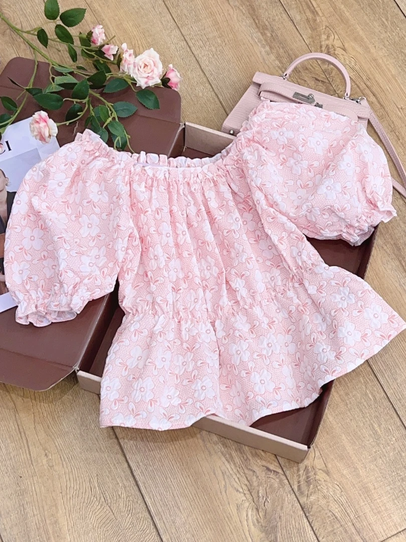 琳心丨夏季新款粉色绣花收腰泡泡袖露肩衬衫 AL0565