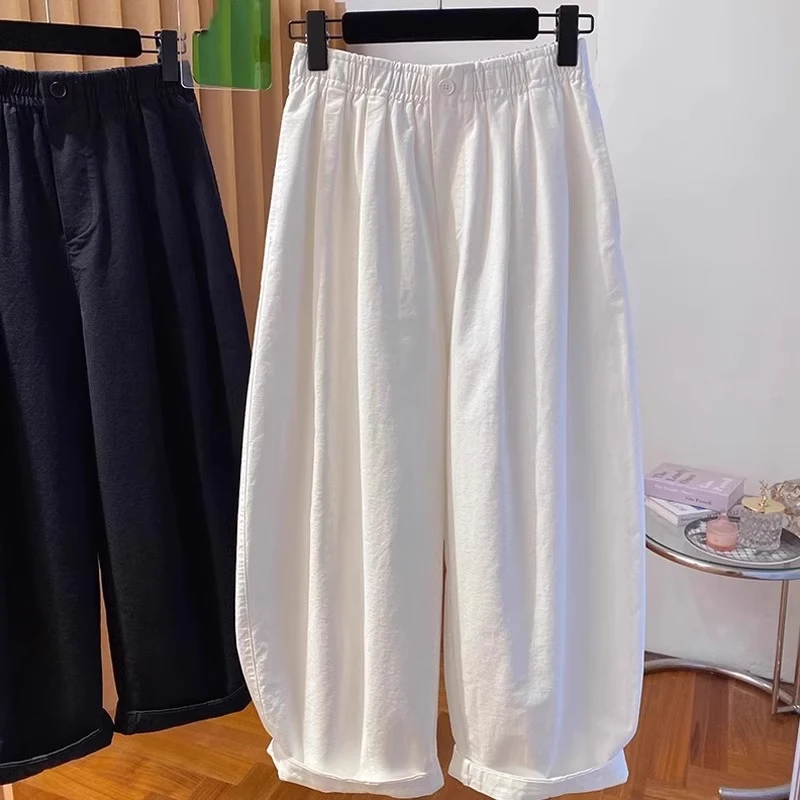白色休闲哈伦裤裤子大码女胖mm显瘦梨型身材高腰宽松慵懒弯刀裤