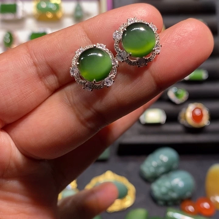 和田玉（碧玉）银S925镶嵌耳饰