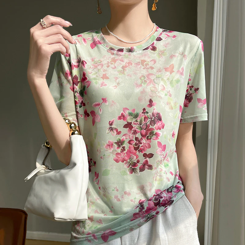 夏季新款印花短袖t恤洋气减龄网纱弹力正肩宽松小衫上衣复古背心