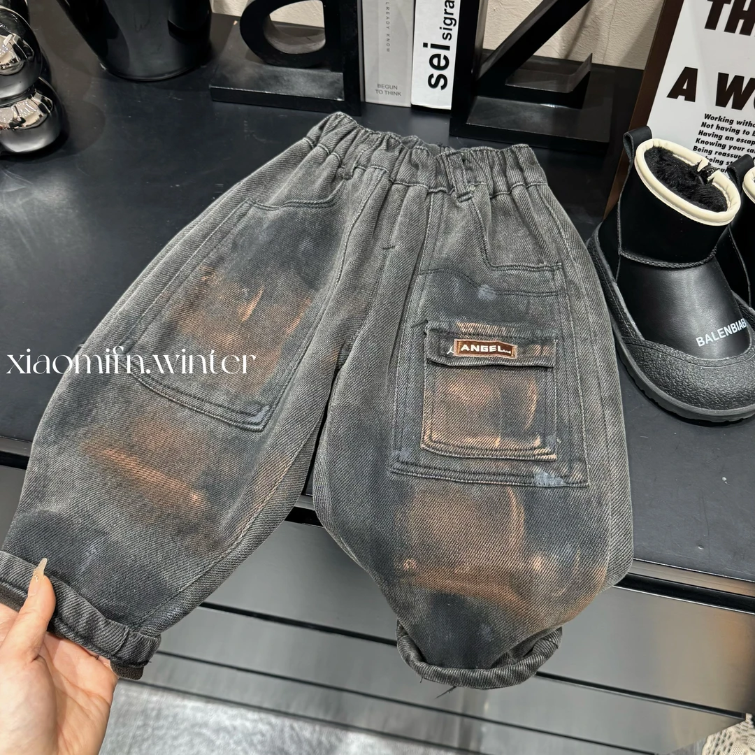 现货〃奶味酱直筒做旧牛仔长裤韩版男童2024秋冬时尚儿童洋气B107