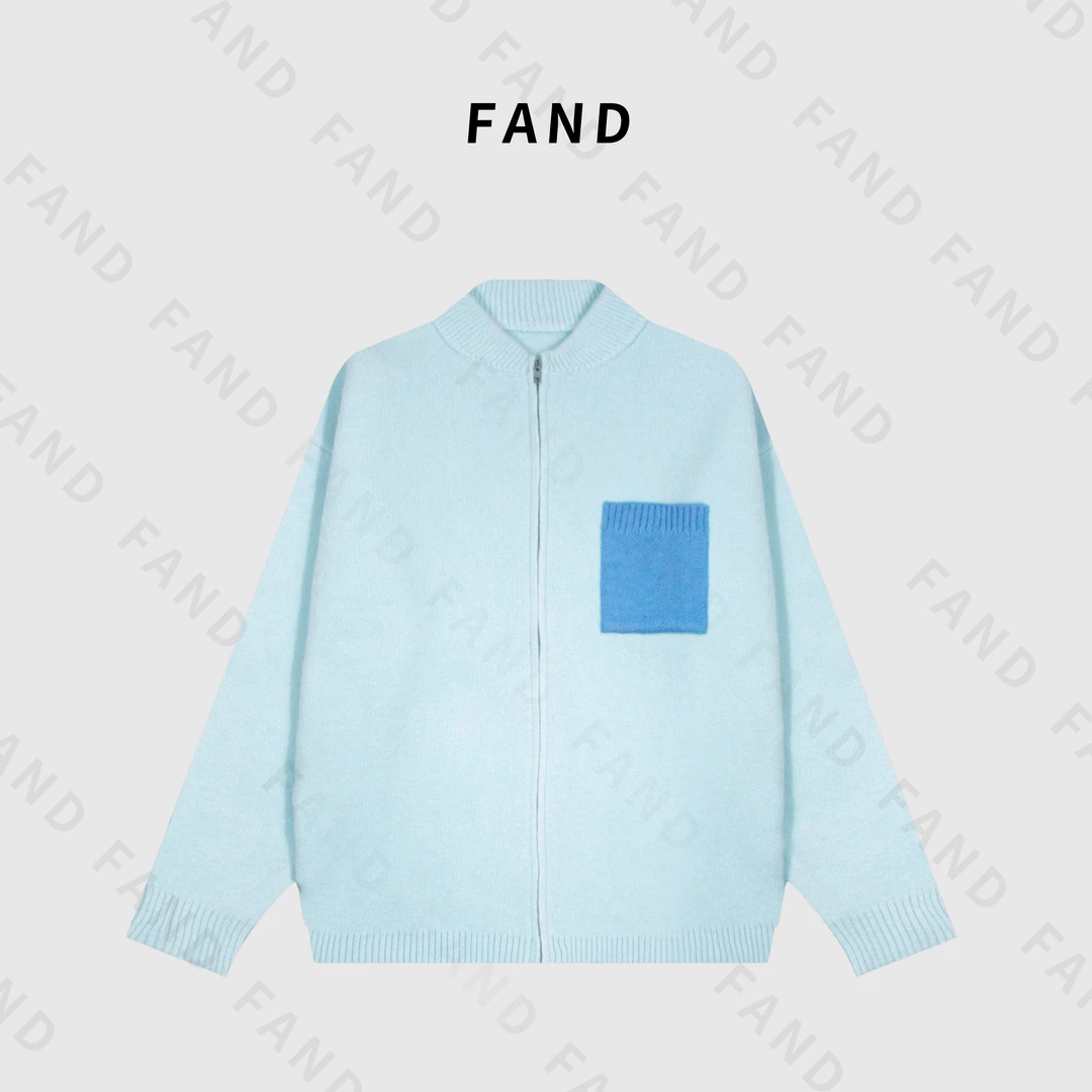 FAND品牌【小香蓝蓝】秋冬时尚口袋拼色纯色圆领开衫外套毛衣针织衫