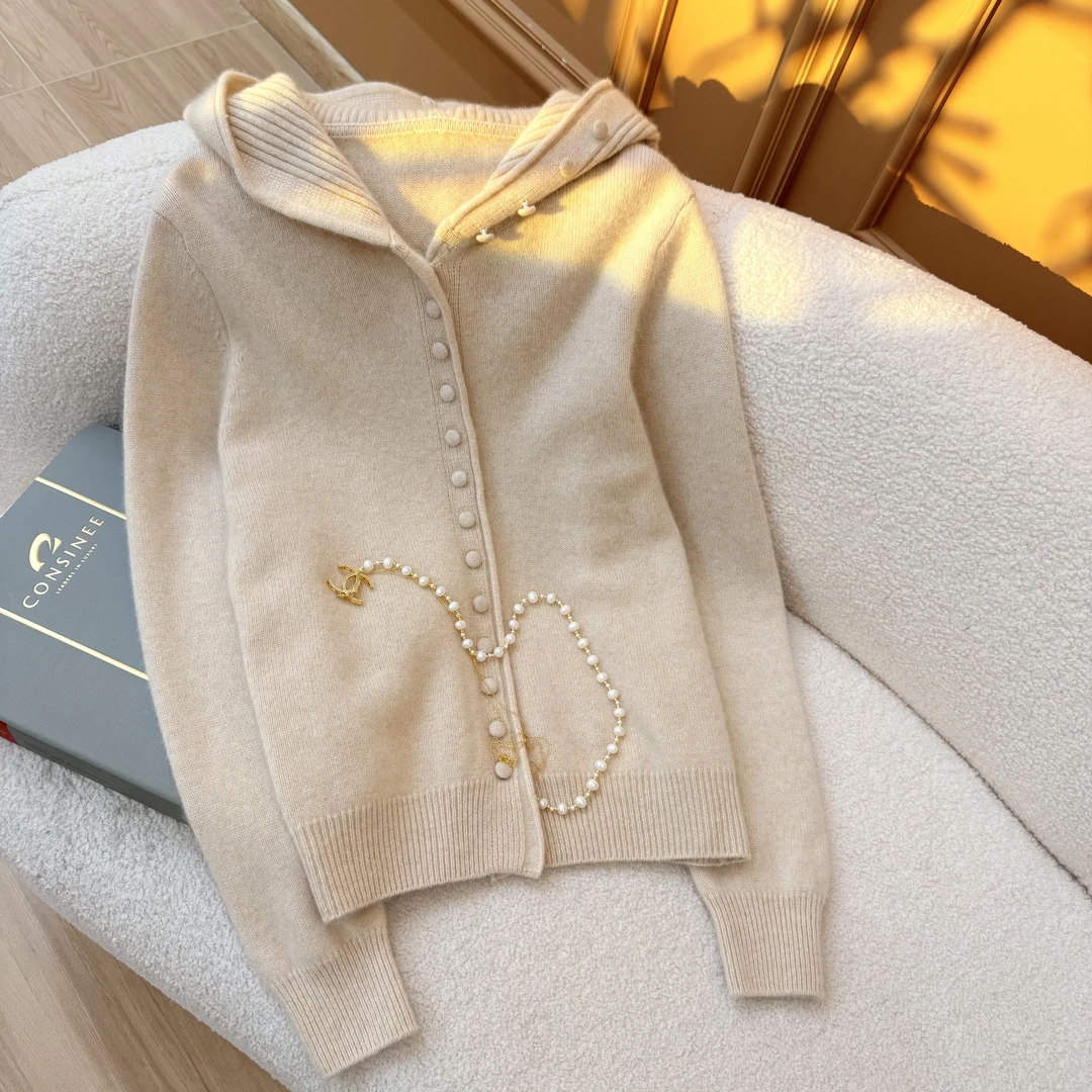 100 山羊绒慵懒风连帽针织开衫外套