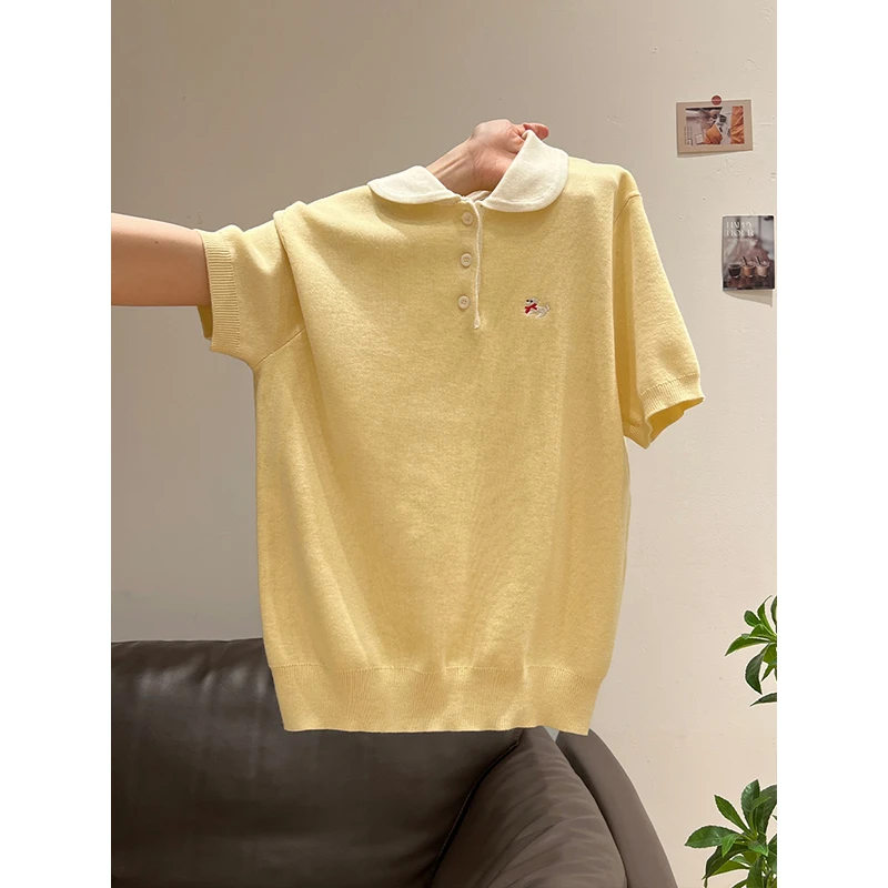 2025夏季新款奶黄纯欲polo领小狗翻领奶乖短袖女修身甜美显瘦上衣