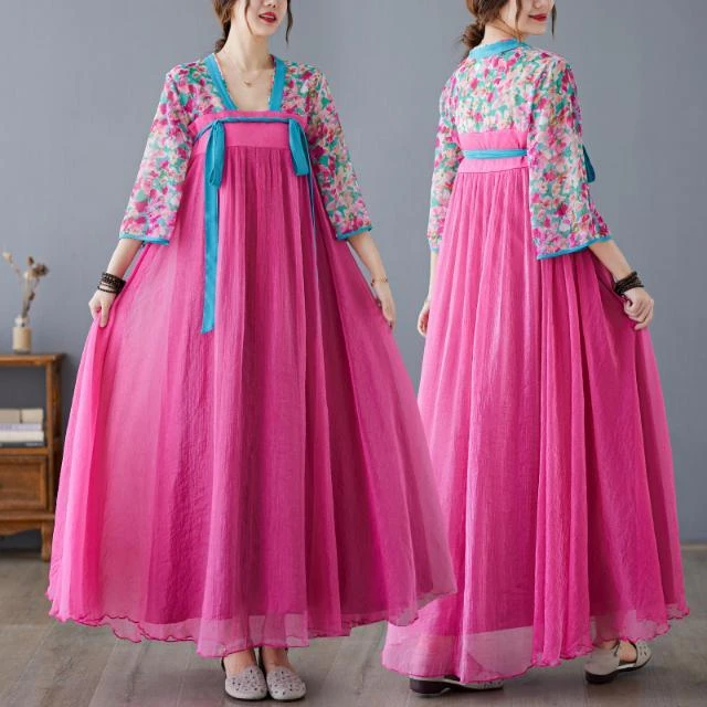 度假风文艺大码旅游拍照系带改良汉服过膝长裙拼接复古大摆连衣裙