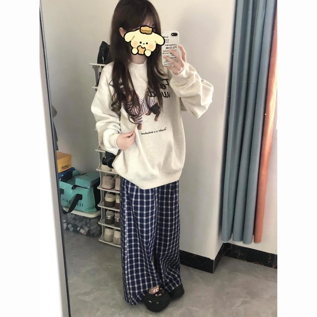 美式超火ins小狗圆领卫衣女宽松百搭印花慵懒风印花校园长袖外套