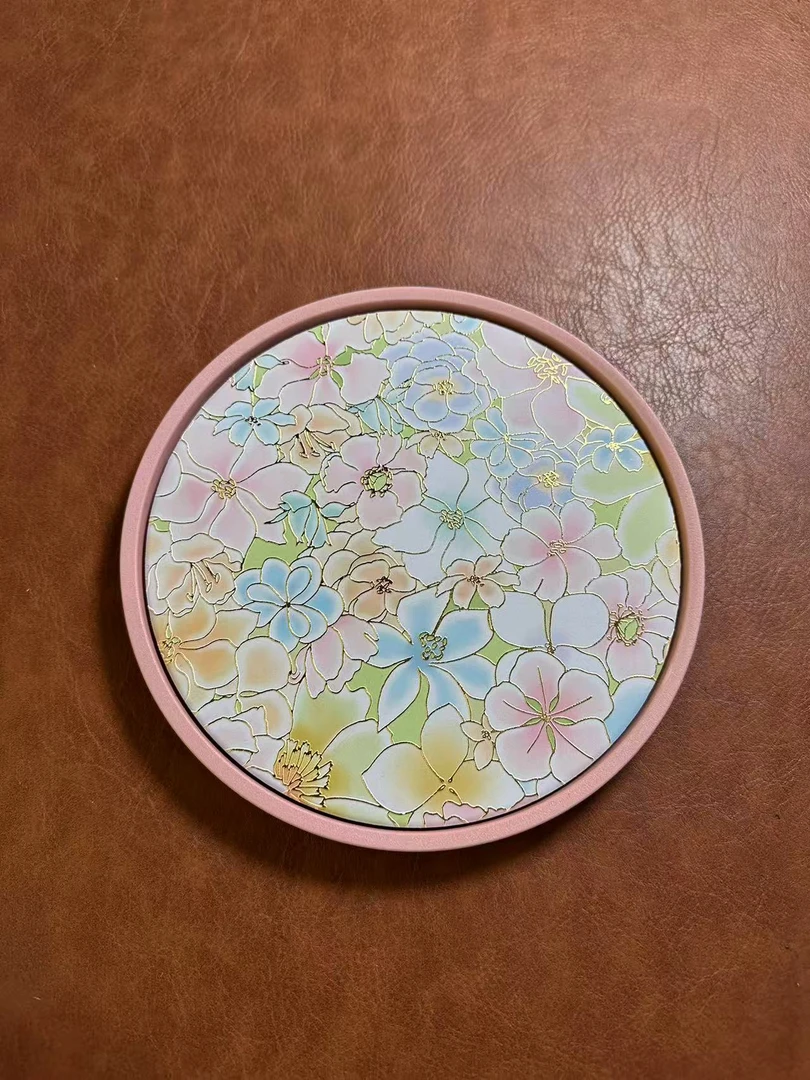 牡丹花万花茶盘粉手工手工轻奢绿色陶瓷干泡圆形珐琅彩泡盘家用