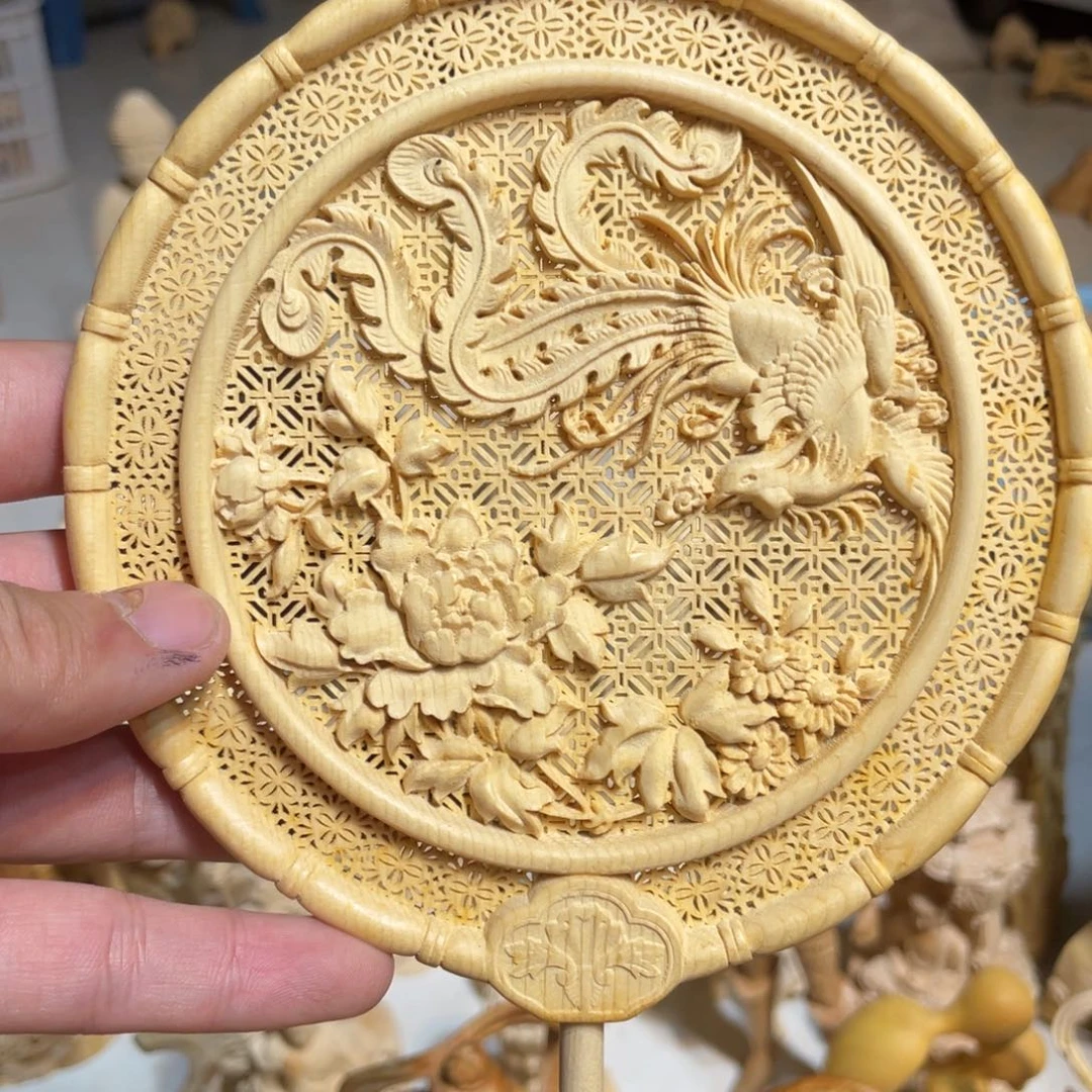 黄杨木花开富贵扇子