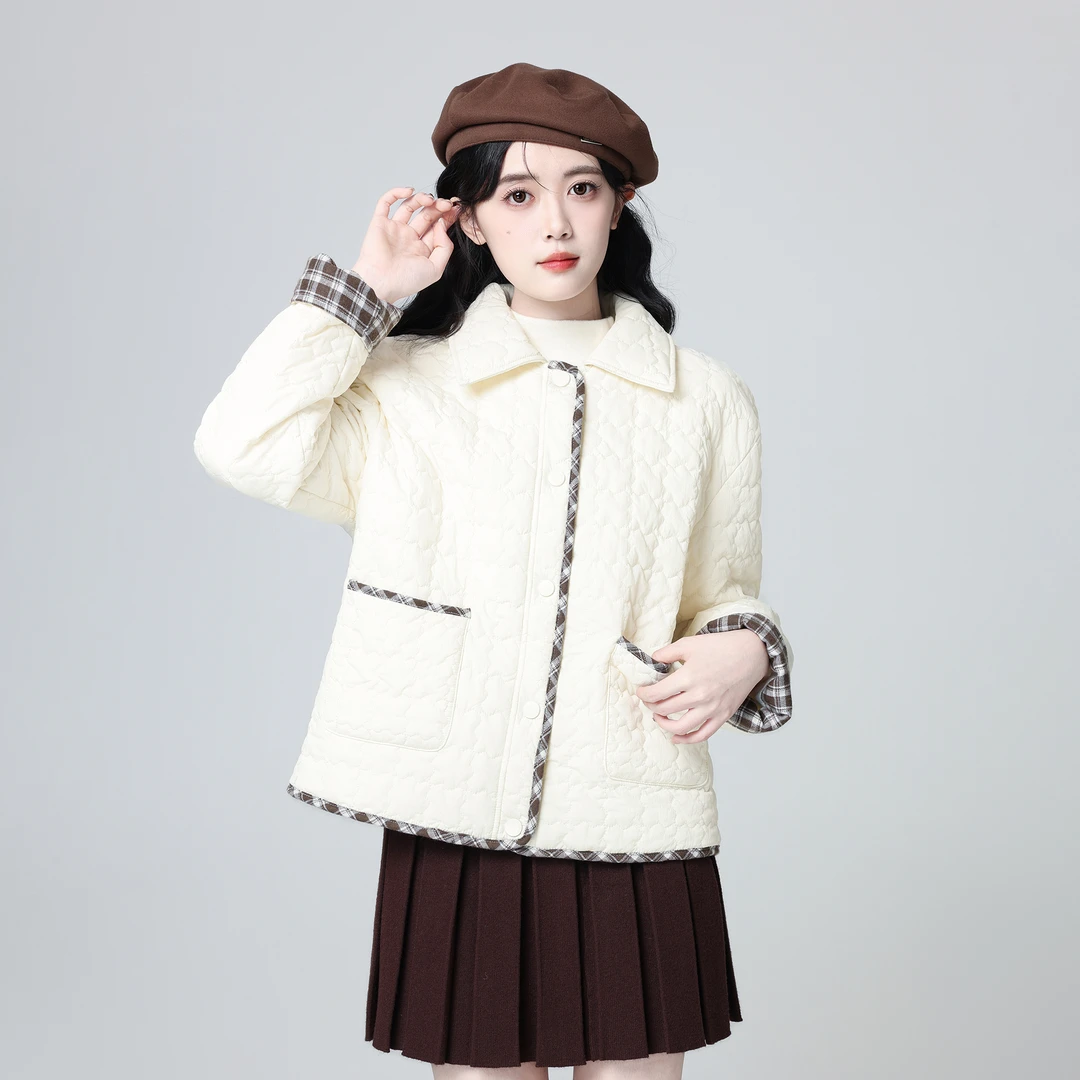 杏色翻领棉服外套女冬季2025新款格纹拼接轻薄保暖夹棉棉衣短上衣