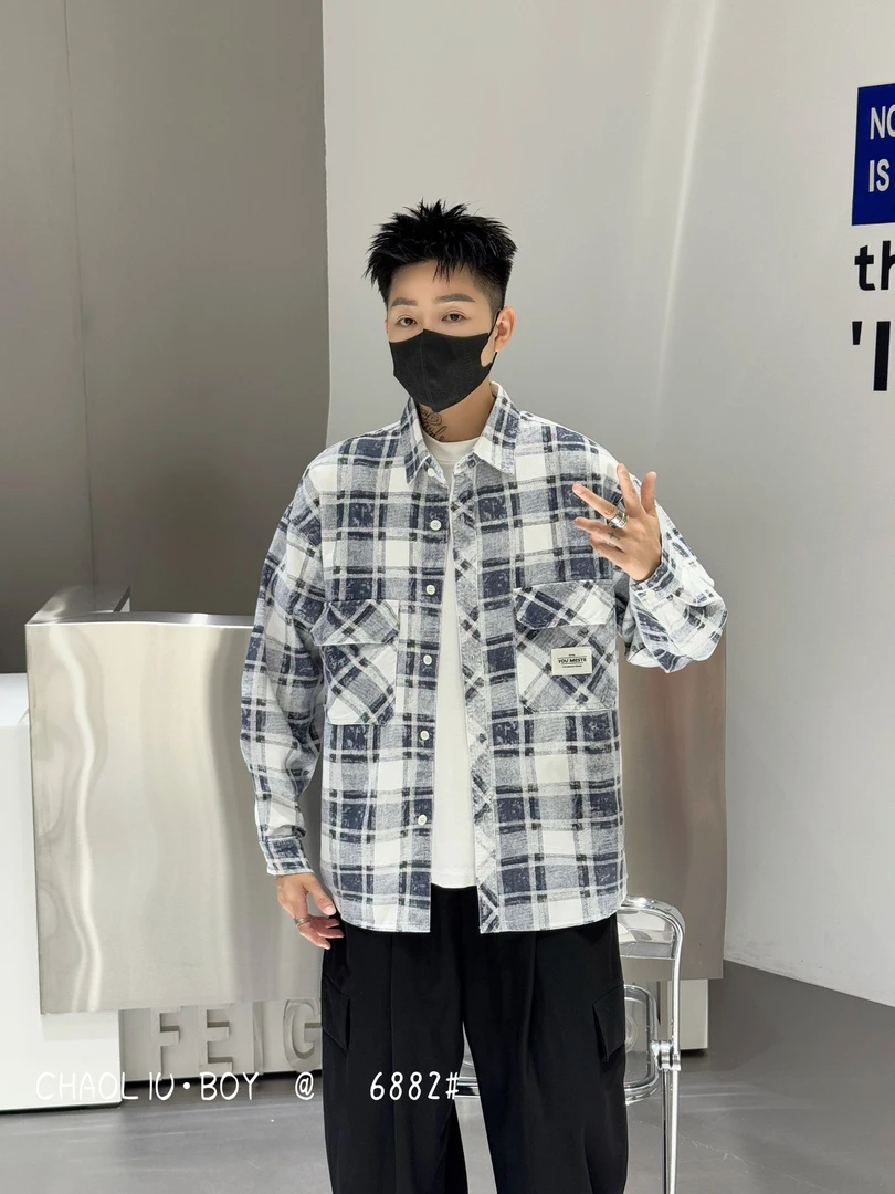 秋季美式复古水洗风潮流时尚「格子扎染印花」长袖衬衫6882