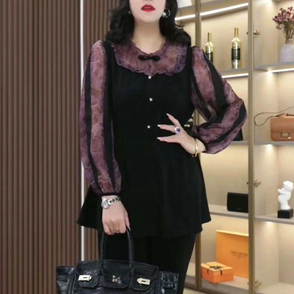 苏兰诺春秋季新款大码女装气质时尚拼接宽松盘扣显瘦上衣ZB6536