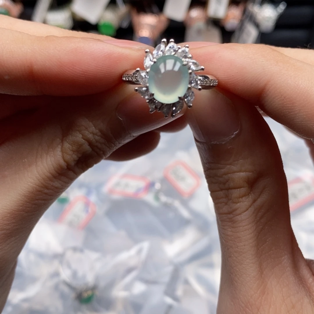 翡翠戒指银S925镶嵌丹*尔天然缅甸翡翠a货