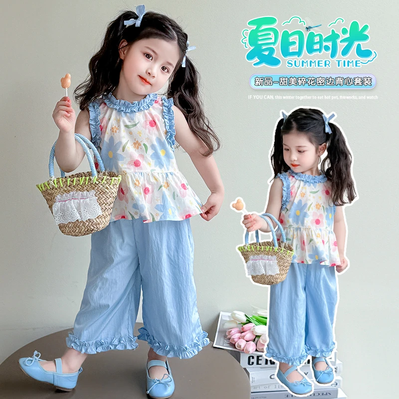2025新款女宝宝夏季套装衬衫女女宝宝圆点背心牛仔裤韩版碎花夏款