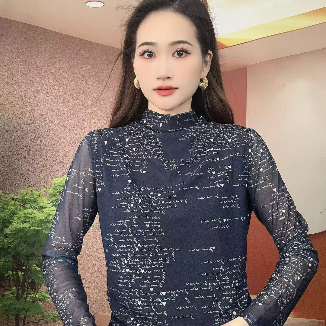 2025秋季新款长袖高领肌肤纱时尚显瘦印花T恤上衣B105