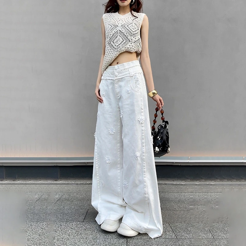 （清仓款）69339法式立体雏菊装饰双腰牛仔裤2025年高级白色阔腿裤