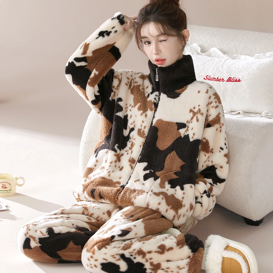 【轻奢保暖】秋冬上新法兰绒可外穿雪花绒女士加厚睡衣家居服套装