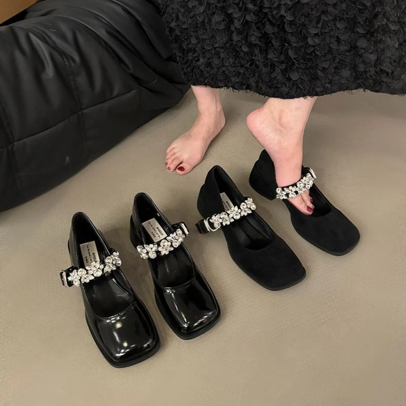 法式晚晚单鞋黑色高跟鞋女鞋子2025新款秋季方头气质玛丽珍小皮鞋