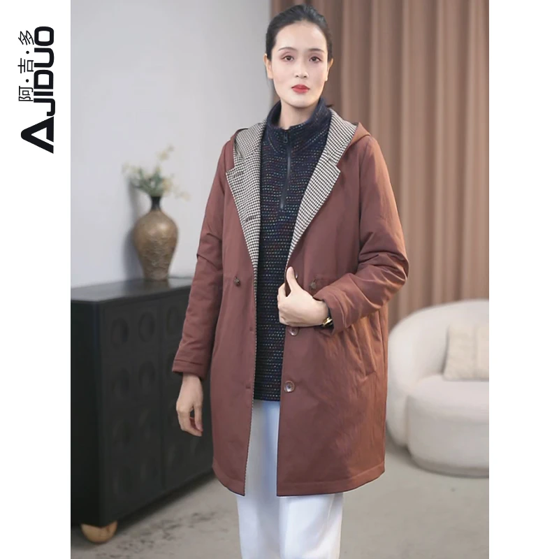 阿吉多A23167复古气质休闲连帽中长款夹棉外套遮屁股显瘦保暖棉服
