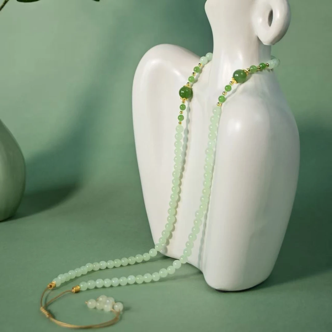 白沙设计【雨后初晴】和田玉薄荷绿碧玉5mm项链X0127