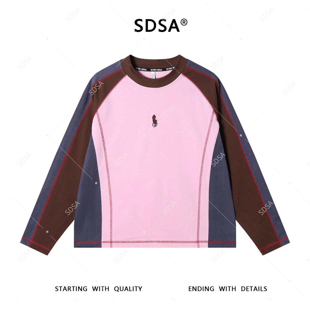 SDSA男士秋冬新款轻奢痞帅男装缝线拼接刺绣标圆领长袖T恤休闲潮