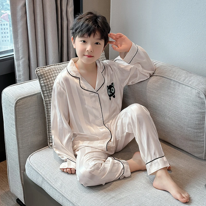 2025小男孩冰丝睡衣套装长袖童装学生初中生居家空调服开衫薄款12