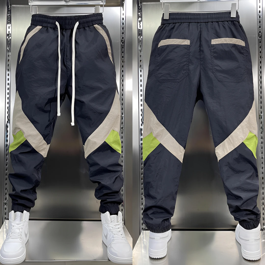 春秋薄款男士拼色束脚休闲裤密松百搭松紧腰拼接小脚潮流哈伦裤子