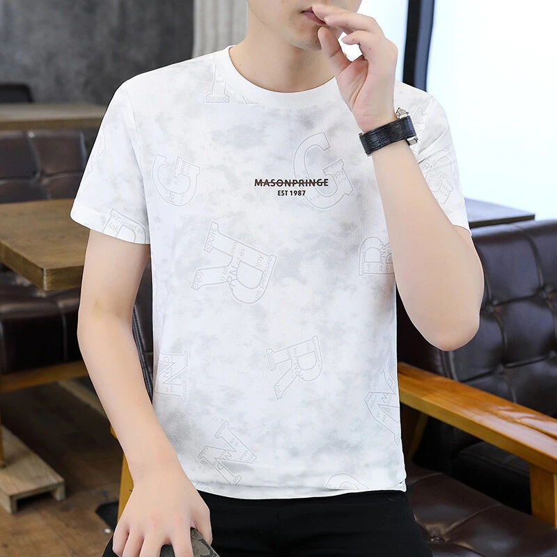 冰丝提花圆领短袖T恤男士2025夏季薄款潮牌宽松休闲百搭半袖上衣