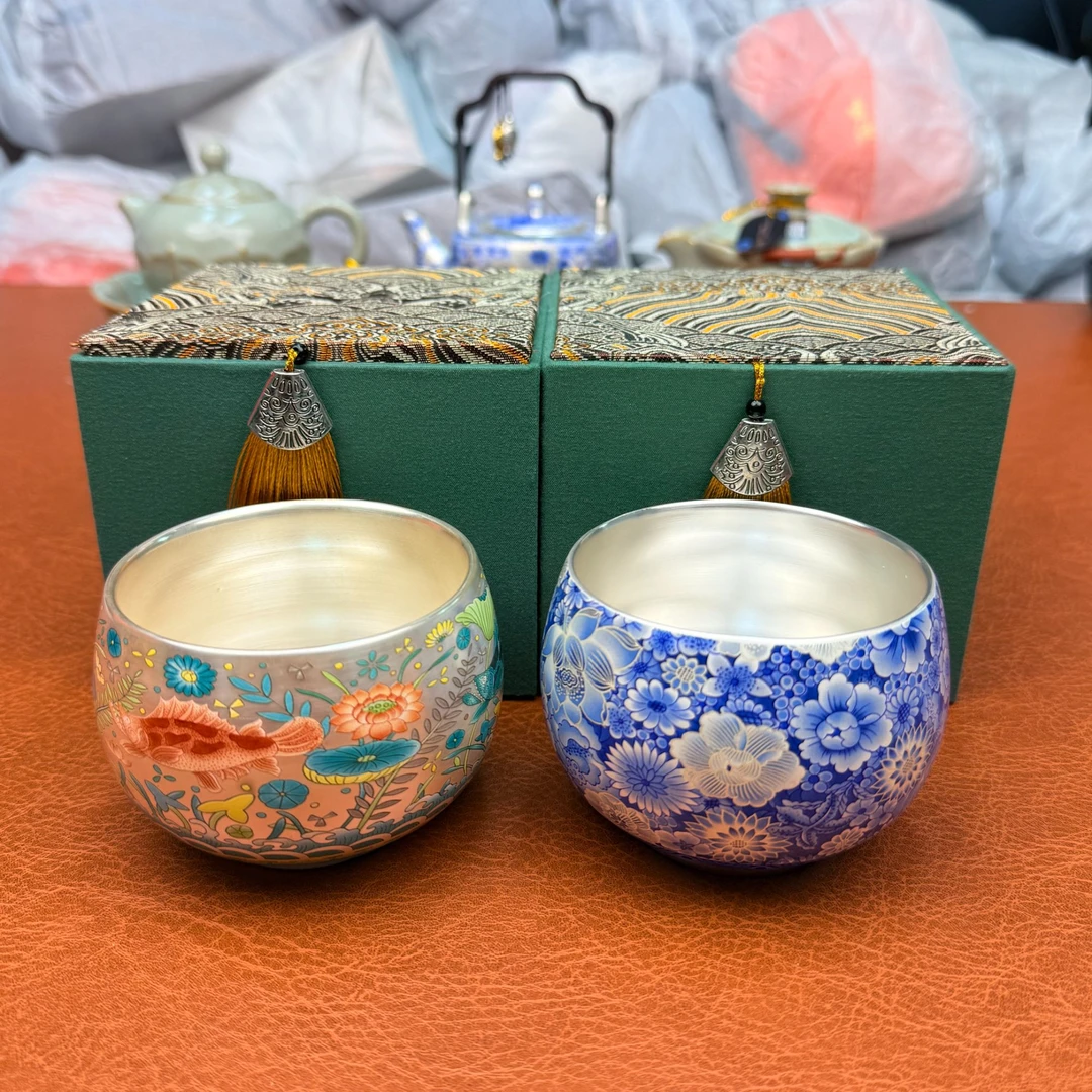 ZH3046-鱼藻纹主人杯+万花鎏银主人杯【带礼盒】