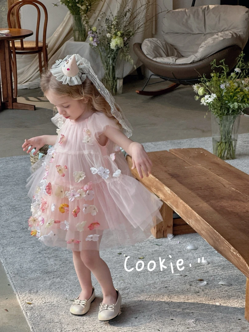 【cookie】25夏 女童立体花朵生日公主裙泡泡袖夏季网纱裙