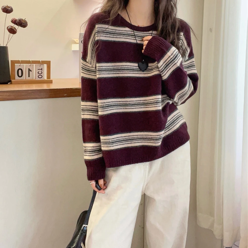 欧美风时尚撞色条纹针织衫女秋冬新款圆领套头长袖宽松保暖毛衣潮