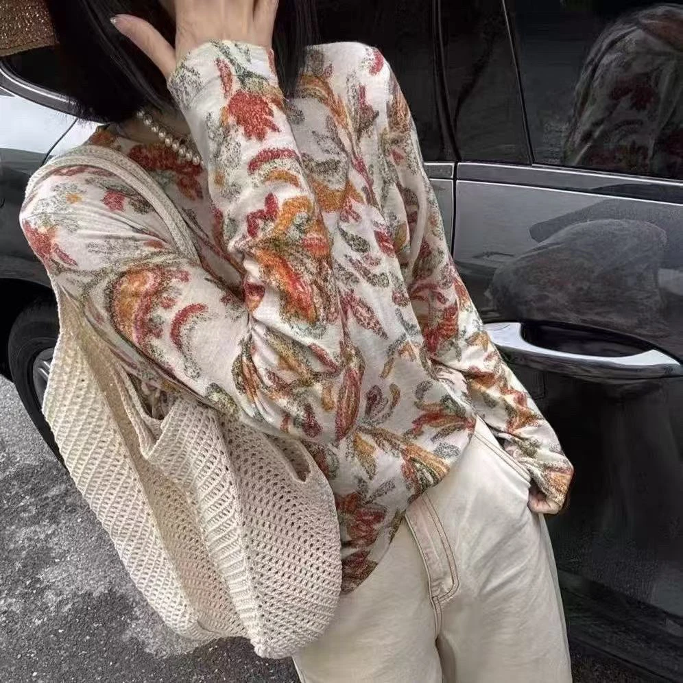 【秋】收藏级别 水溶花卉印染复古休闲风修身上衣气质针织衫8105