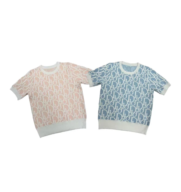 圆领短袖夏季毛针织衫提花女装 870粉+蓝