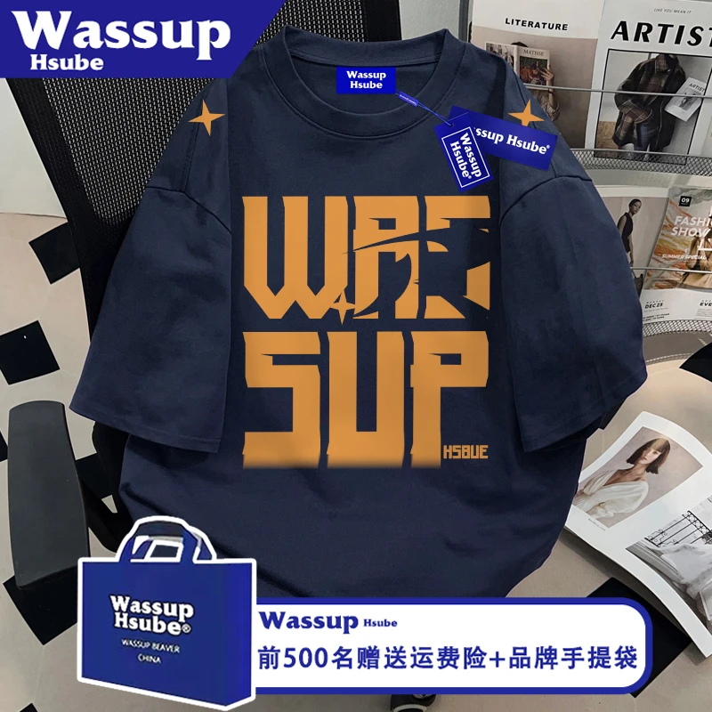 WASSUP HSUBE夏季男女款短袖个性字母印花T恤ins藏青色中性风半袖