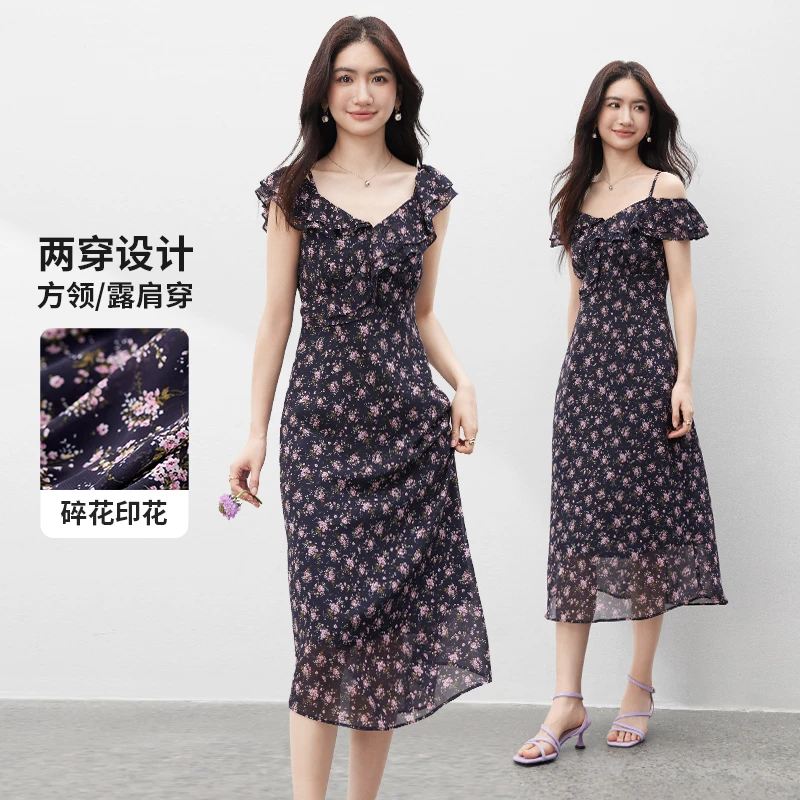 尚都比拉2025年流行碎花裙子优雅方领双层荷叶袖雪纺连衣裙80539