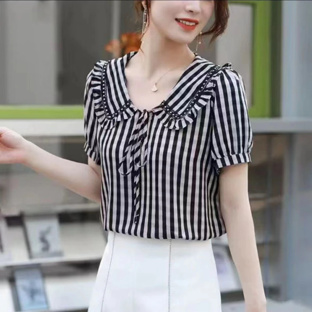 娃娃领 竖格时尚百搭遮肉显瘦短袖T恤女上衣小衫短袖遮肚子洋气