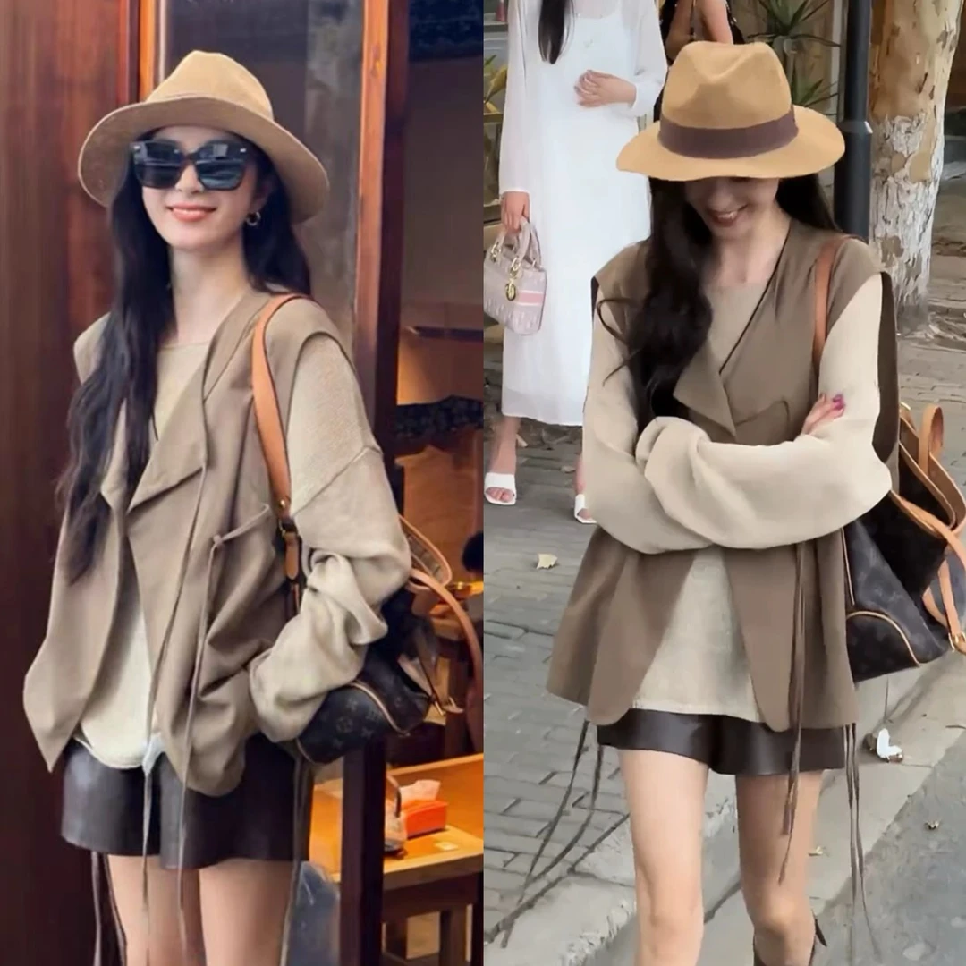 2025秋季新款旅游穿搭韩系穿搭三件套长袖针织无袖马甲皮裤套装