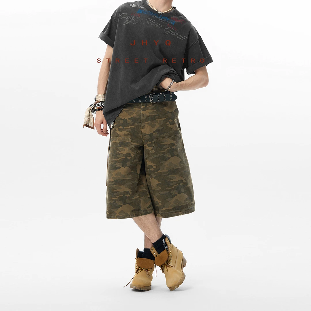 【JHYQ】绿野 中腰做旧复古风夏季短裤休闲裤美式水洗阔腿七分裤618