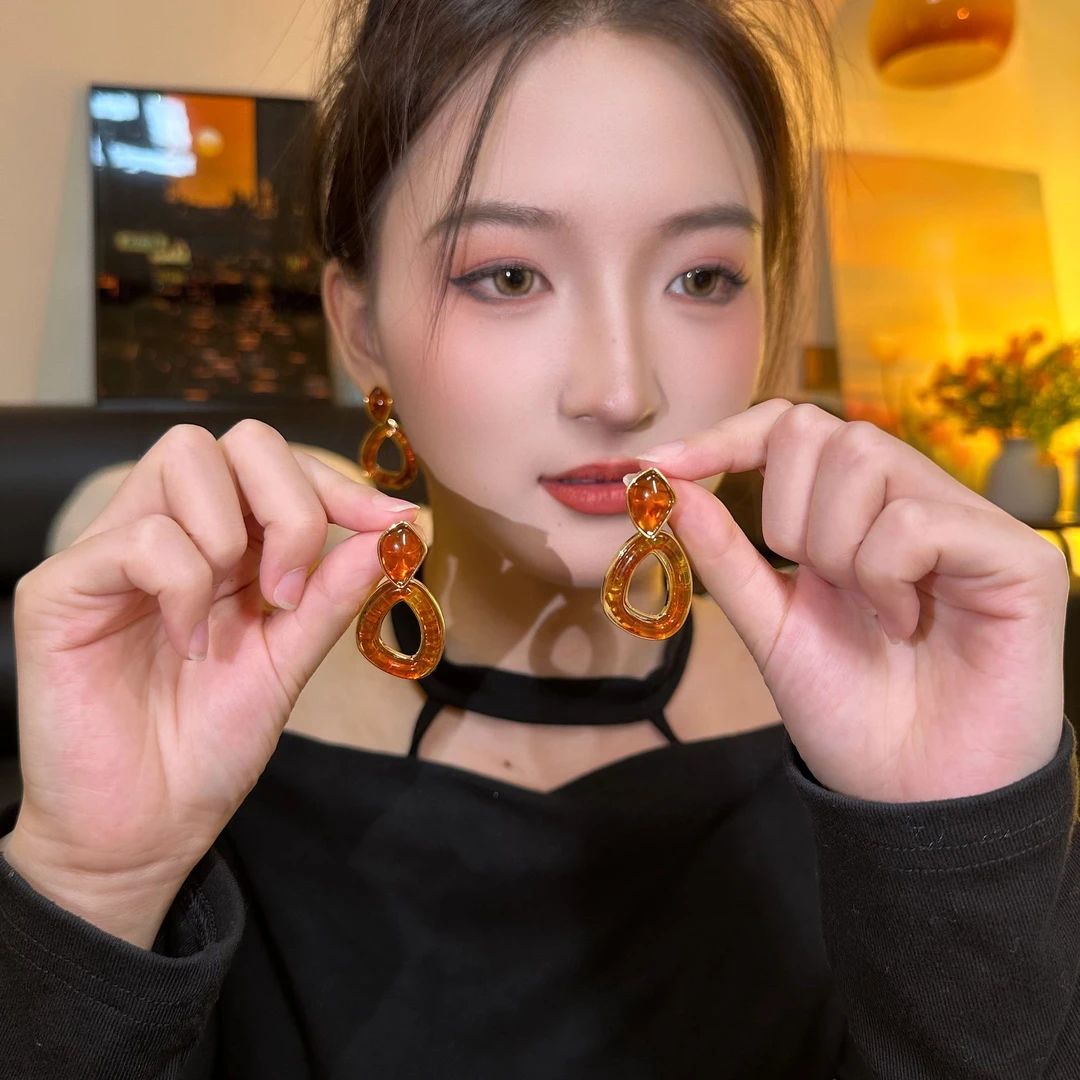 铜合金树脂耳饰 琥珀流光耳环～百搭流苏耳饰小众气质轻奢耳钉