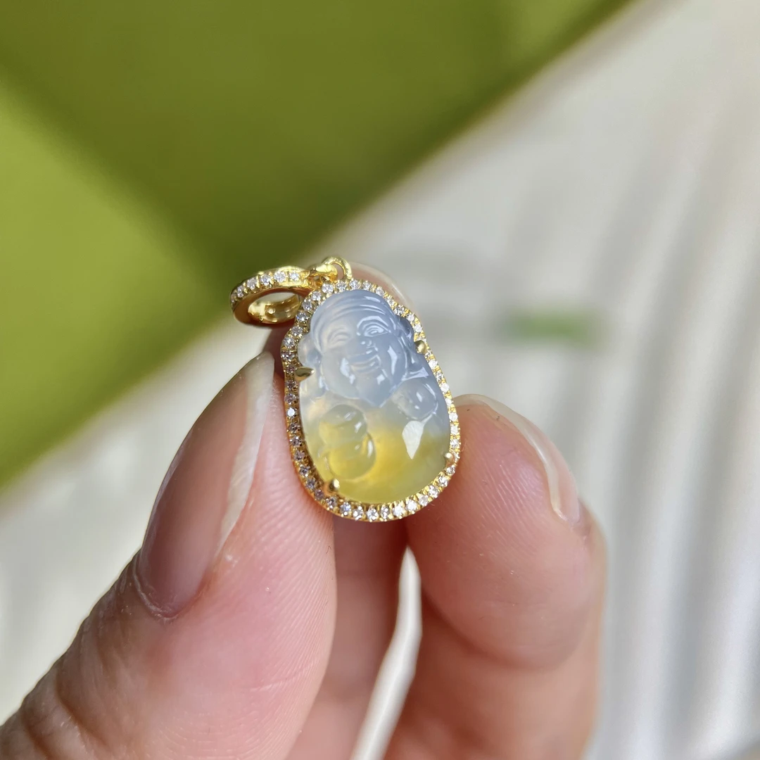 天然A货翡翠高冰种财神爷吊坠18k金南非真钻镶嵌项链精美气质款