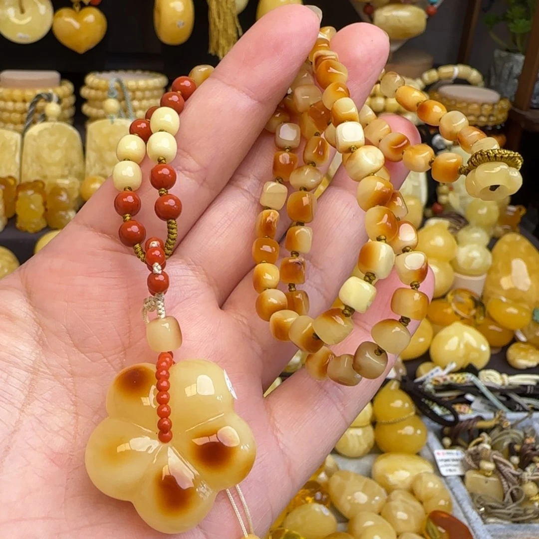 琥珀套链未镶嵌天然蜜蜡五瓣花项链