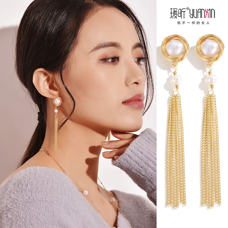 铜合金耳饰 珍珠耳夹无耳洞女气质流苏长款耳坠显脸瘦耳饰