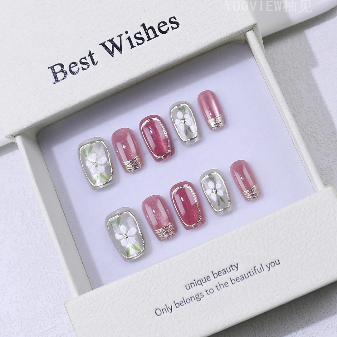 鎏金山茶花猫眼穿戴甲高级感甲片手工清新甜美美甲贴片分码10片装