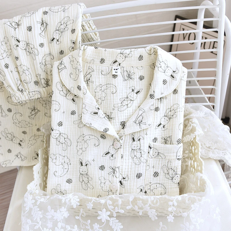 双层棉纱睡衣女套装A类纯棉纱布春夏薄款宽松翻领100%全棉家居服